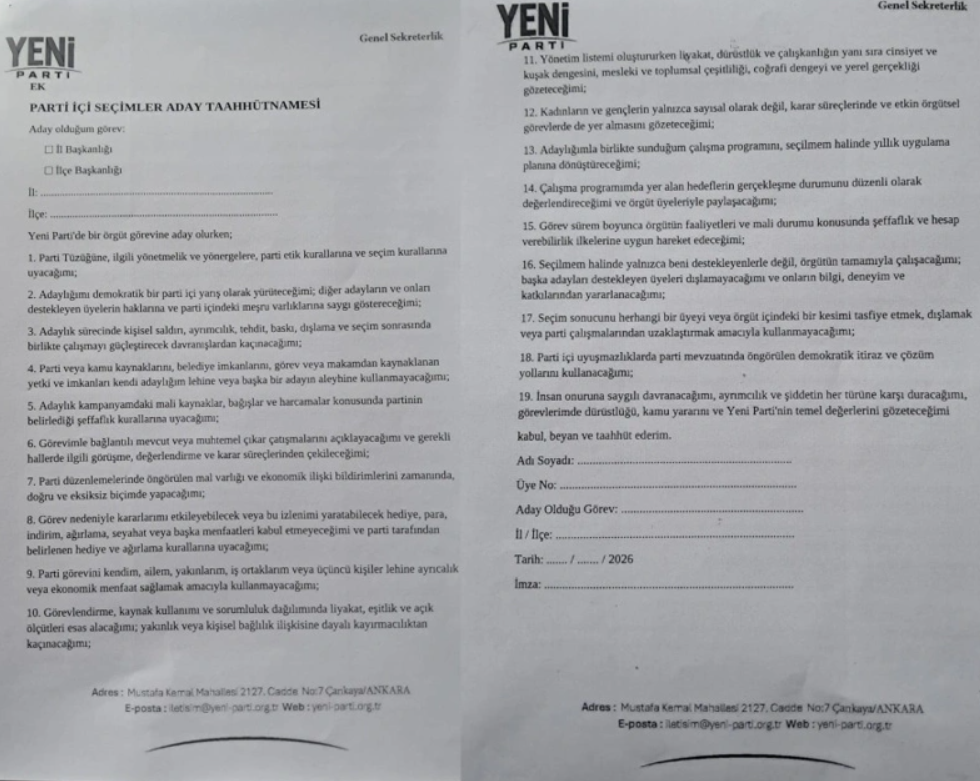 yeni partiden baskan adaylarina 19 maddelik taahhutname mal varligi bildirimi zorunlulugu geldi 0 MjpiOn6L